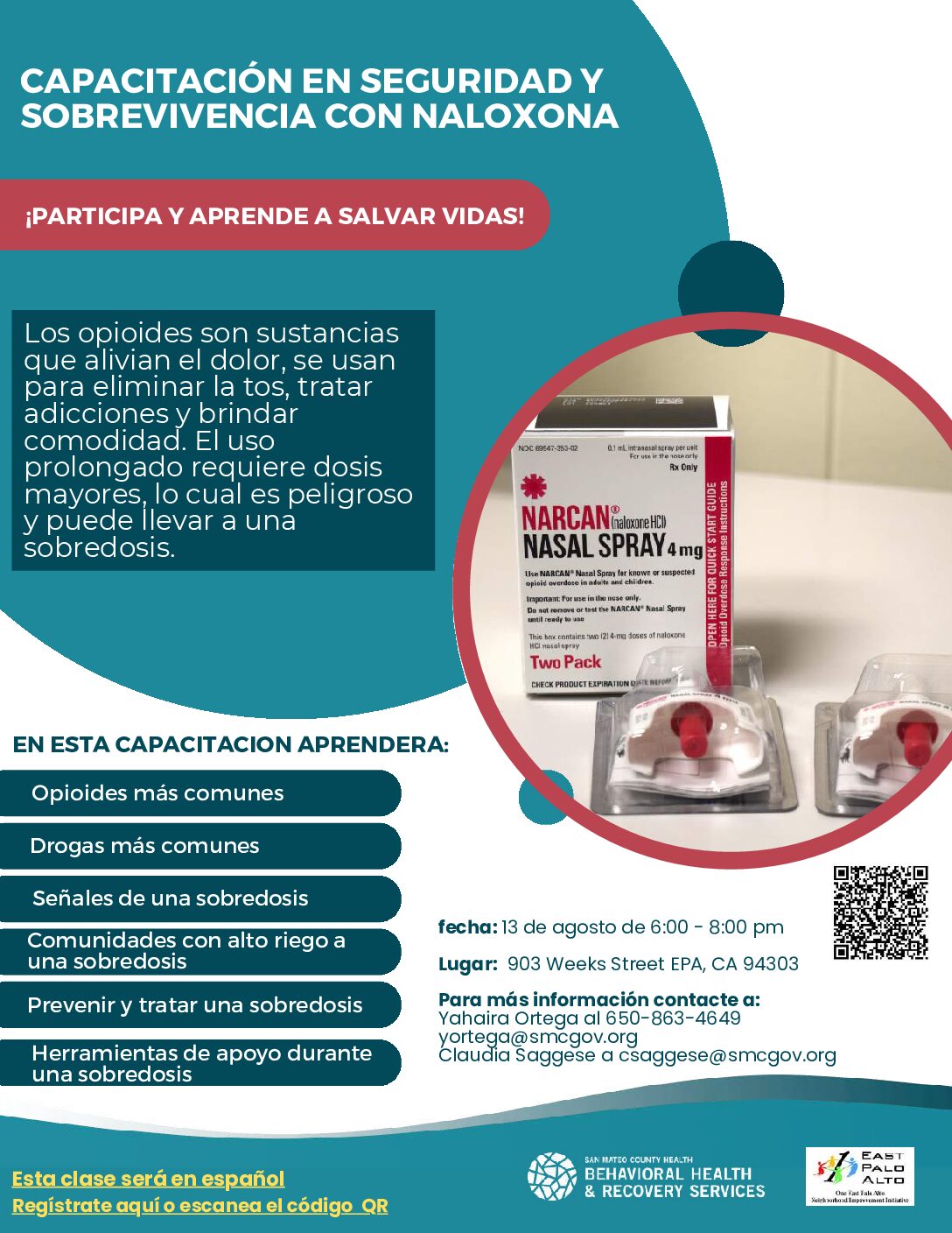 SMC | Opioid/ Naloxone Training in Spanish In East Palo Alto – Aug. 13th